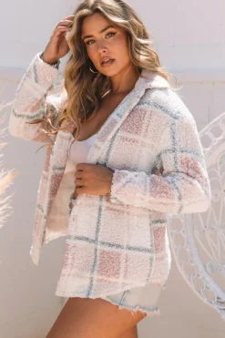 Best Dear-Lover Checker Print Turn Down Collar Sherpa Shacket Multicolor