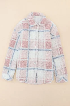 Best Dear-Lover Checker Print Turn Down Collar Sherpa Shacket Multicolor