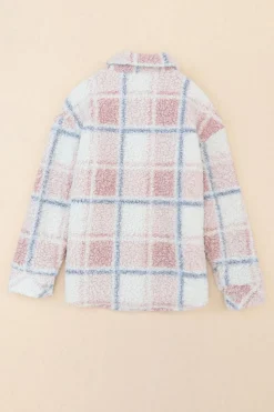 Best Dear-Lover Checker Print Turn Down Collar Sherpa Shacket Multicolor