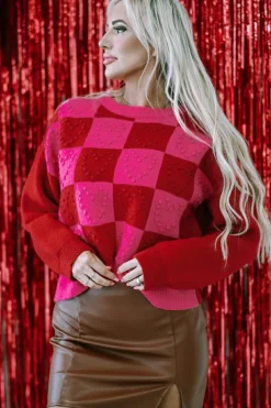 Sale Dear-Lover Checkered Pattern Heart Detail Textured Sweater Multicolor