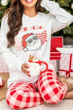 Sale Dear-Lover Christmas Claus Graphic Top Plaid Pants Lounge Set Multicolor