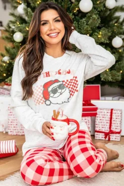 Sale Dear-Lover Christmas Claus Graphic Top Plaid Pants Lounge Set Multicolor