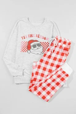 Sale Dear-Lover Christmas Claus Graphic Top Plaid Pants Lounge Set Multicolor