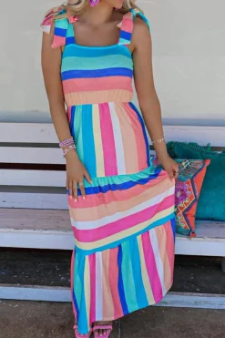 Best Dear-Lover Color Block Striped Bow Knot Straps Maxi Dress Multicolor