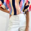 Sale Dear-Lover Color Block Striped Puff Sleeve Buttoned Shirt Multicolor