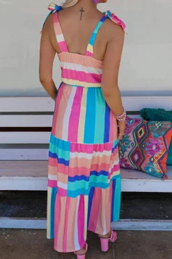 Best Dear-Lover Color Block Striped Bow Knot Straps Maxi Dress Multicolor