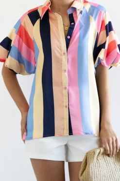 Sale Dear-Lover Color Block Striped Puff Sleeve Buttoned Shirt Multicolor