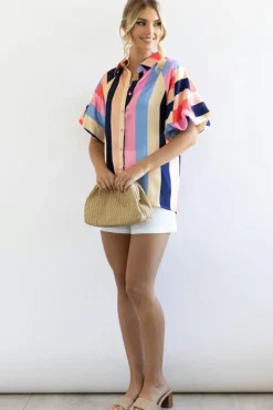 Sale Dear-Lover Color Block Striped Puff Sleeve Buttoned Shirt Multicolor