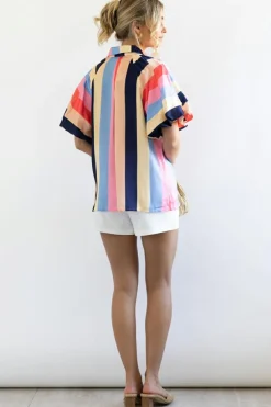 Sale Dear-Lover Color Block Striped Puff Sleeve Buttoned Shirt Multicolor