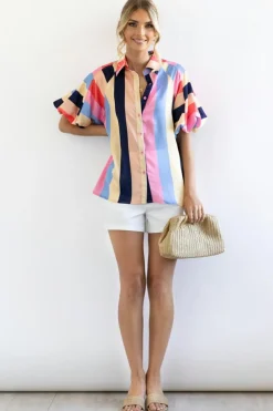Sale Dear-Lover Color Block Striped Puff Sleeve Buttoned Shirt Multicolor