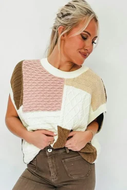 Hot Dear-Lover Colorblock Mix Textured Sweater Tee Multicolor