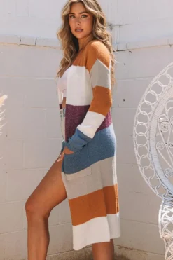 Hot Dear-Lover Colorblock Open Front Long Knit Cardigan Multicolor