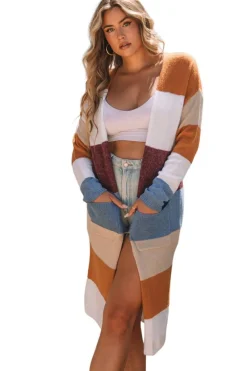 Hot Dear-Lover Colorblock Open Front Long Knit Cardigan Multicolor