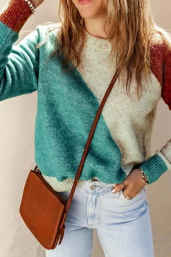 Fashion Dear-Lover Colorblock Ribbed Trim Round Neck Sweater Multicolor