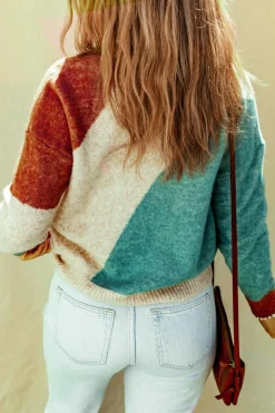 Fashion Dear-Lover Colorblock Ribbed Trim Round Neck Sweater Multicolor