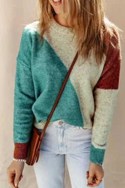 Fashion Dear-Lover Colorblock Ribbed Trim Round Neck Sweater Multicolor