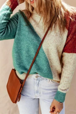 Fashion Dear-Lover Colorblock Ribbed Trim Round Neck Sweater Multicolor