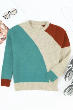 Fashion Dear-Lover Colorblock Ribbed Trim Round Neck Sweater Multicolor