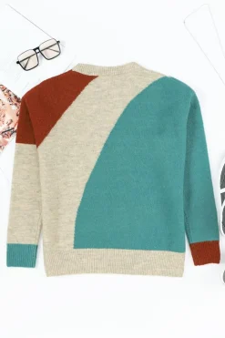 Fashion Dear-Lover Colorblock Ribbed Trim Round Neck Sweater Multicolor