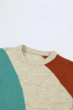 Fashion Dear-Lover Colorblock Ribbed Trim Round Neck Sweater Multicolor