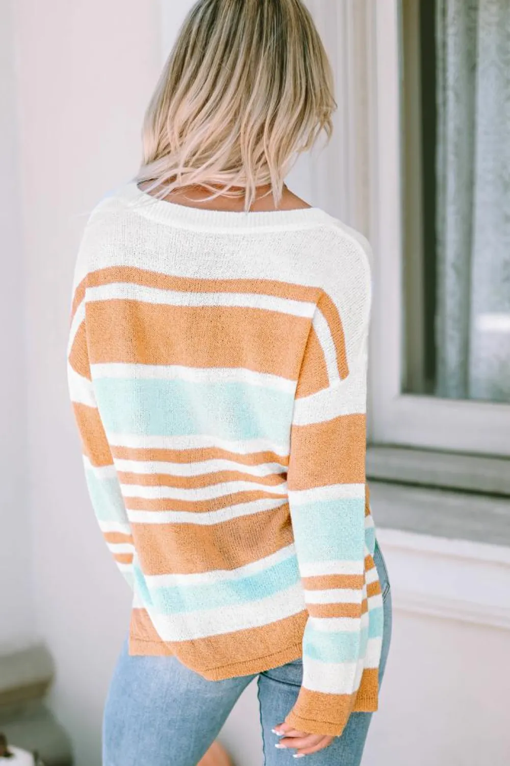 Clearance Dear-Lover Colorblock Stripe Long Sleeve Split Sweater Multicolor