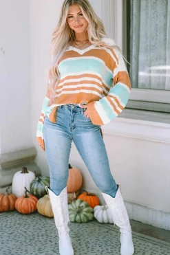 Clearance Dear-Lover Colorblock Stripe Long Sleeve Split Sweater Multicolor