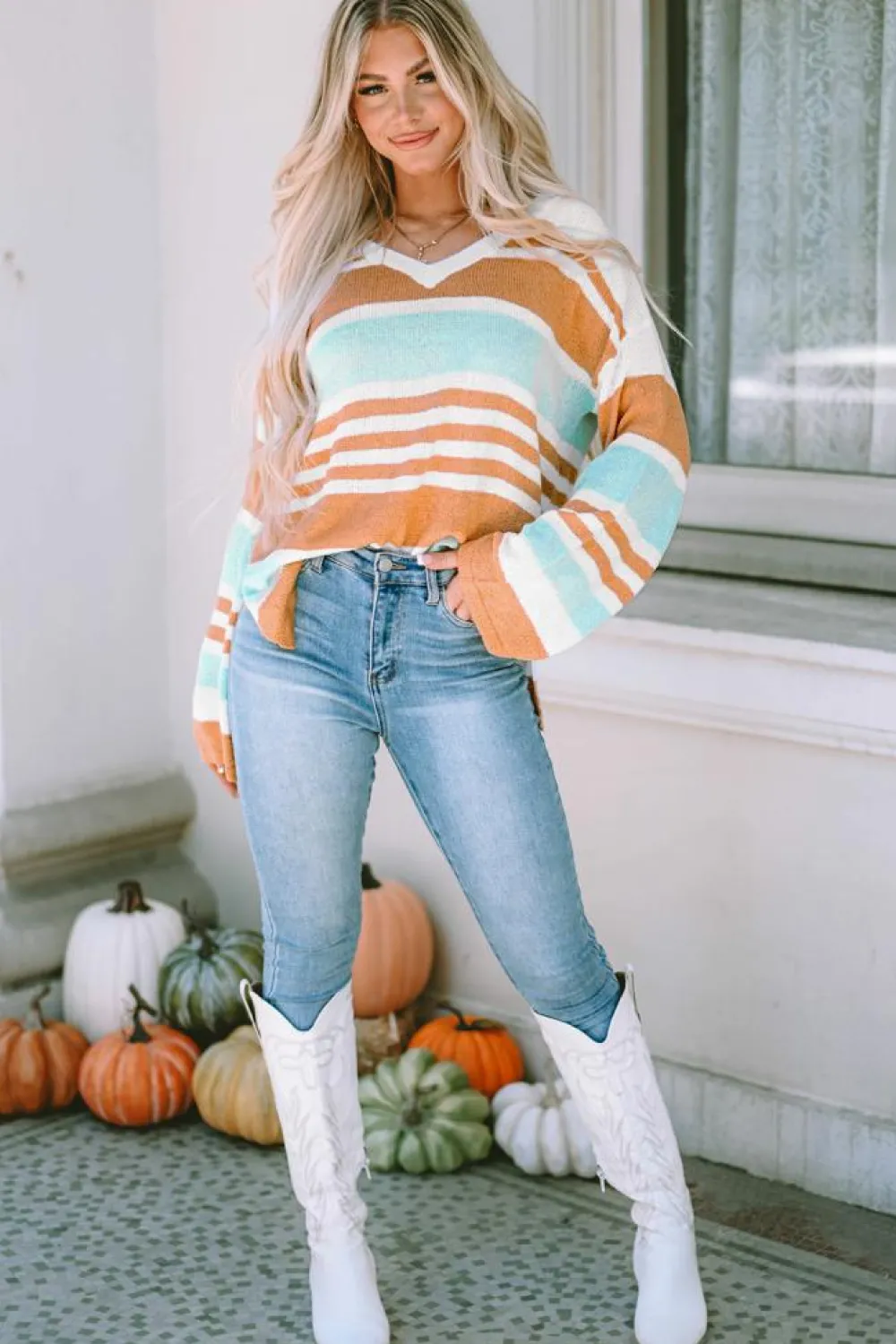 Clearance Dear-Lover Colorblock Stripe Long Sleeve Split Sweater Multicolor
