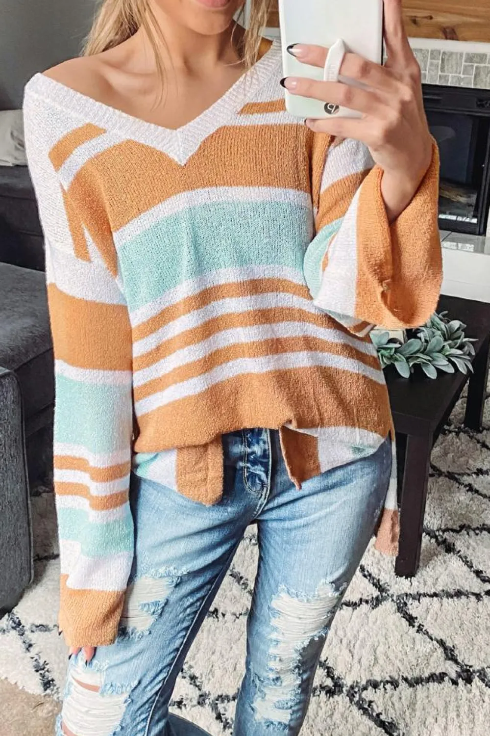 Clearance Dear-Lover Colorblock Stripe Long Sleeve Split Sweater Multicolor