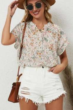 Best Dear-Lover Floral Mandarin Collar Top Multicolor