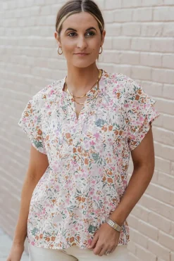 Best Dear-Lover Floral Mandarin Collar Top Multicolor