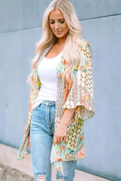 Online Dear-Lover Floral Open Sheer Shimmer Kimono Multicolor