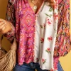 Online Dear-Lover Floral Patchwork Shirred Cuff Buttoned V Neck Blouse Multicolor