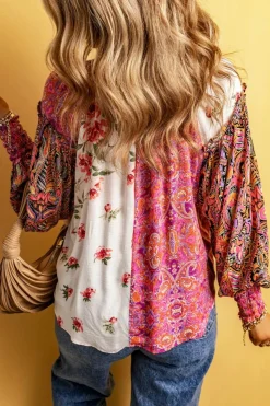 Online Dear-Lover Floral Patchwork Shirred Cuff Buttoned V Neck Blouse Multicolor