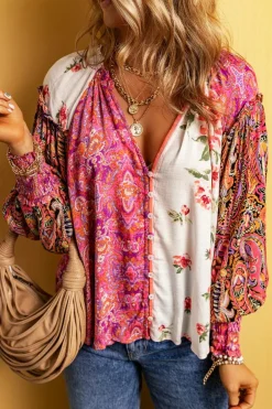 Online Dear-Lover Floral Patchwork Shirred Cuff Buttoned V Neck Blouse Multicolor