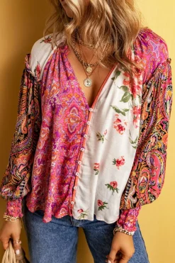 Online Dear-Lover Floral Patchwork Shirred Cuff Buttoned V Neck Blouse Multicolor