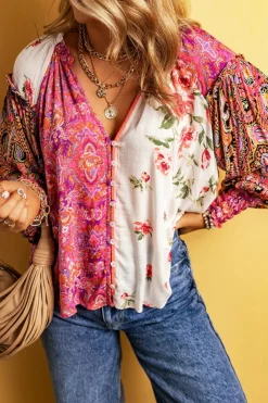 Online Dear-Lover Floral Patchwork Shirred Cuff Buttoned V Neck Blouse Multicolor