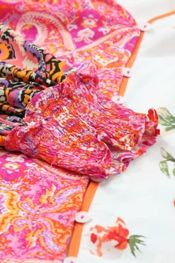 Online Dear-Lover Floral Patchwork Shirred Cuff Buttoned V Neck Blouse Multicolor