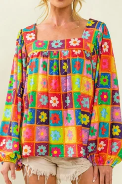 Clearance Dear-Lover Floral Pattern Square Neck Puff Sleeve Blouse Multicolor