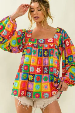 Clearance Dear-Lover Floral Pattern Square Neck Puff Sleeve Blouse Multicolor