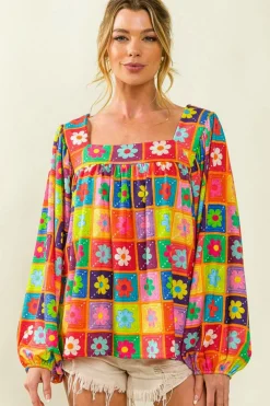 Clearance Dear-Lover Floral Pattern Square Neck Puff Sleeve Blouse Multicolor