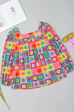 Clearance Dear-Lover Floral Pattern Square Neck Puff Sleeve Blouse Multicolor