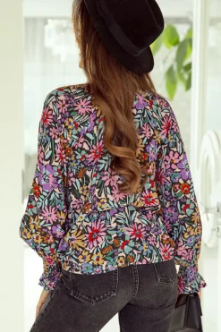 Clearance Dear-Lover Floral Print Ruffled Long Sleeve V-Neck Blouse Multicolor