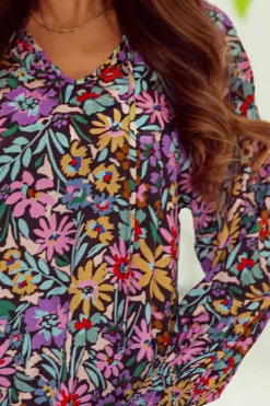Clearance Dear-Lover Floral Print Ruffled Long Sleeve V-Neck Blouse Multicolor