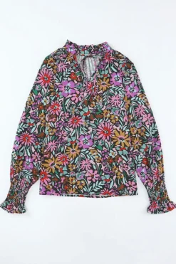 Clearance Dear-Lover Floral Print Ruffled Long Sleeve V-Neck Blouse Multicolor
