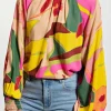 Fashion Dear-Lover Floral Print Smocked Hem Stand Neck Blouse Multicolor