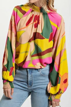 Fashion Dear-Lover Floral Print Smocked Hem Stand Neck Blouse Multicolor