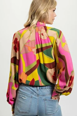 Fashion Dear-Lover Floral Print Smocked Hem Stand Neck Blouse Multicolor