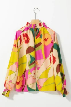 Fashion Dear-Lover Floral Print Smocked Hem Stand Neck Blouse Multicolor