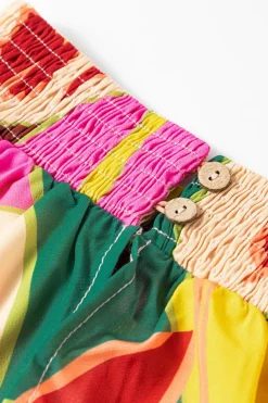 Fashion Dear-Lover Floral Print Smocked Hem Stand Neck Blouse Multicolor