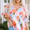 Clearance Dear-Lover Floral Print V Neck Half Sleeve Blouse Multicolor